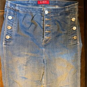 GUESS Women's High-Rise Blue Denim Jeans with Side Button Detail
